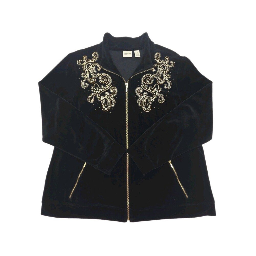 Chico's 3 Zenergy Velour Track Jacket Black Gold Beads Women Sz XL Zip Pockets
